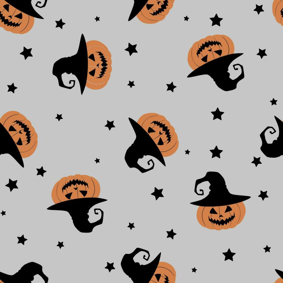 Seamless pattern with pumpkins with hat and stars. Vector Halloween background in flat style. Doodle style. For textiles, clothing