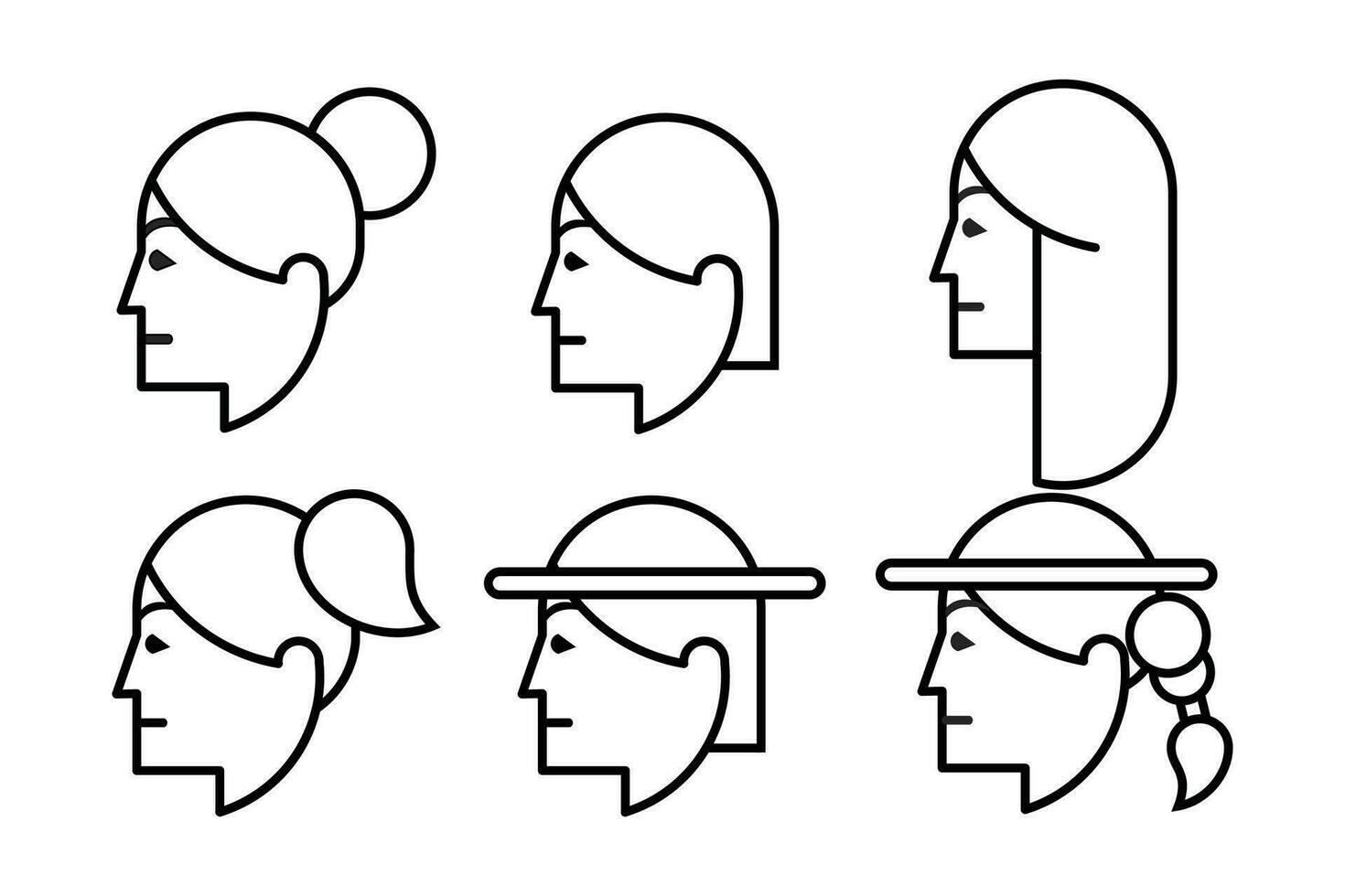 Female Face Various Types Signs Thin Line Icon Set Include of Avatar User, Portrait or Person Head. Vector illustration of Icons