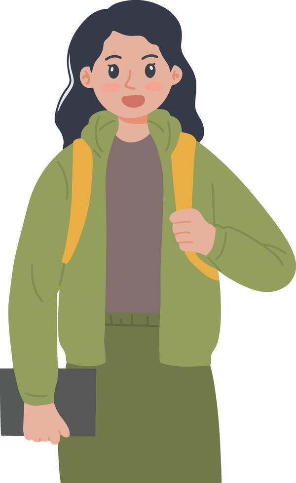 Vector of a woman going to college bringing backpack and holding a tab illustration