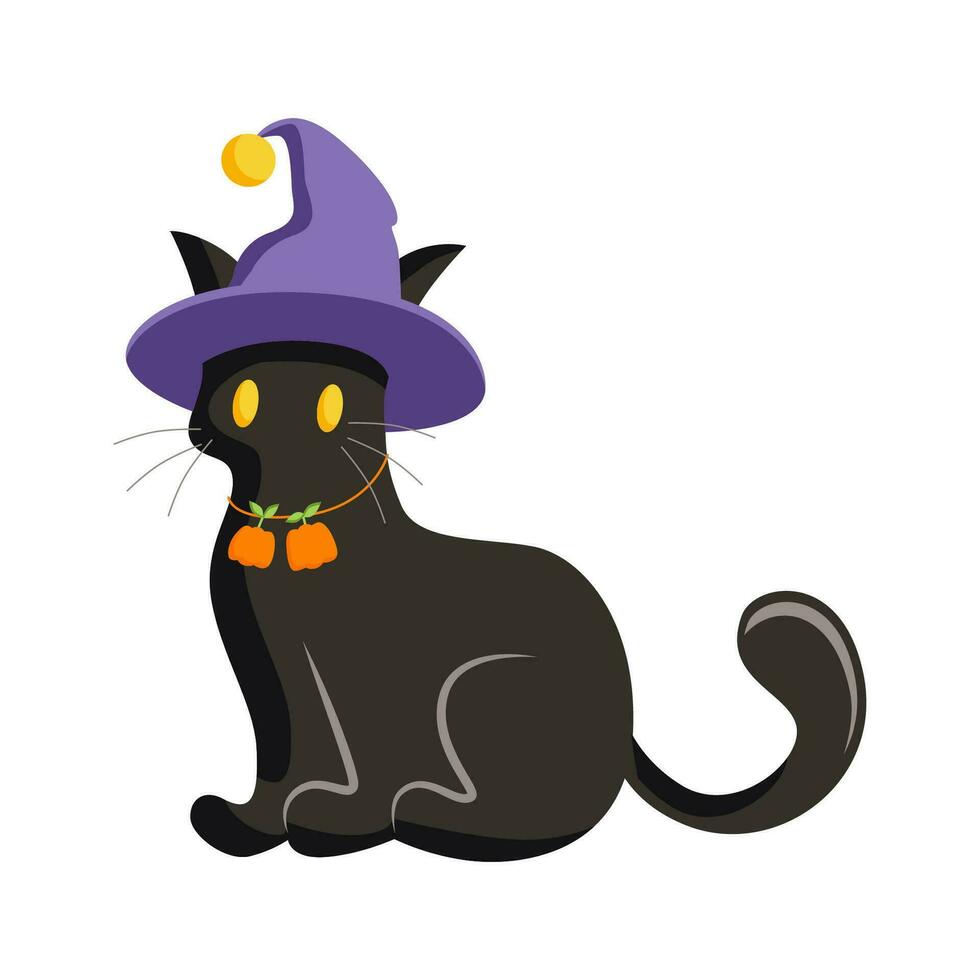 Black Halloween cat in a witch hat, vector sticker, drawing, decoration