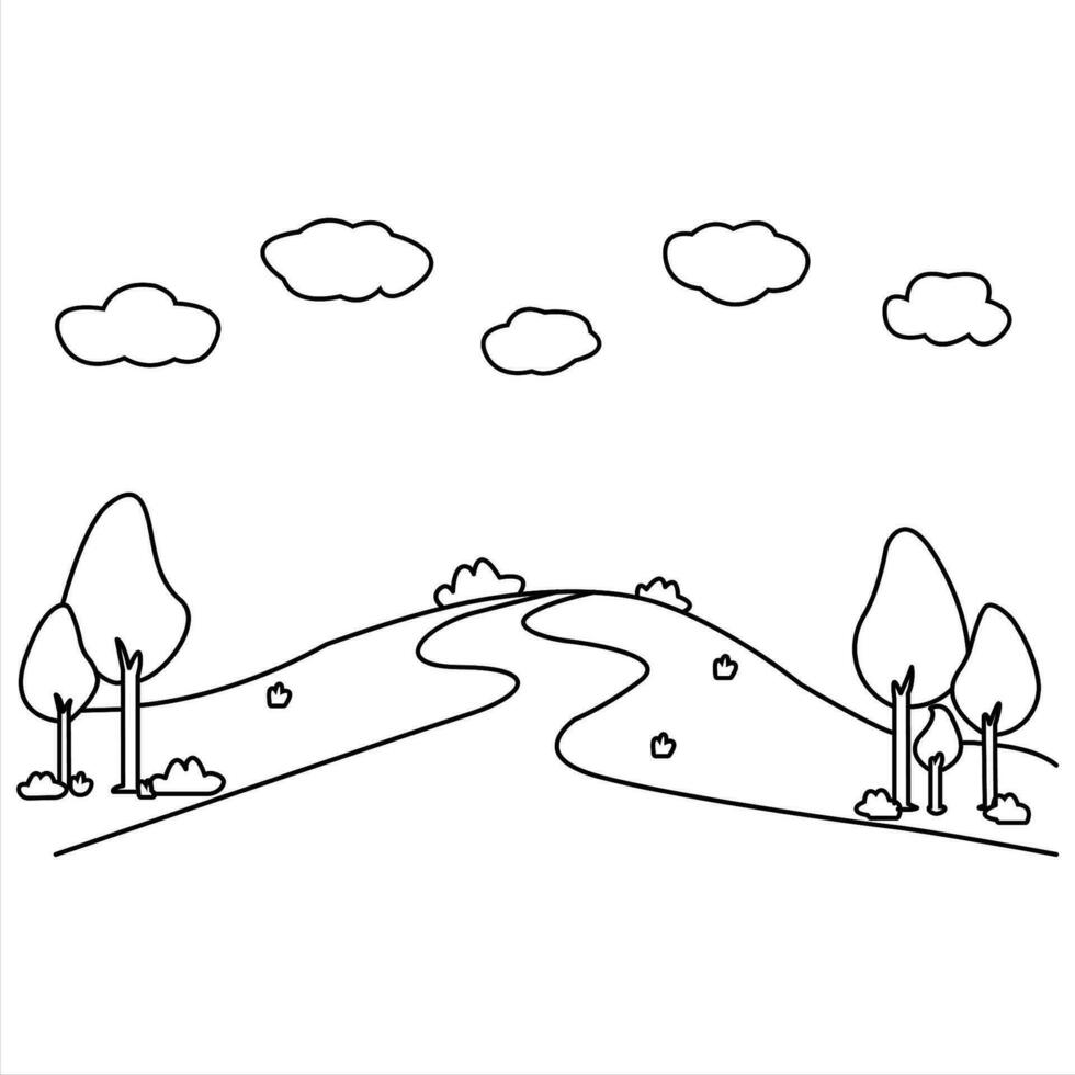 a coloring page with a road and trees vector