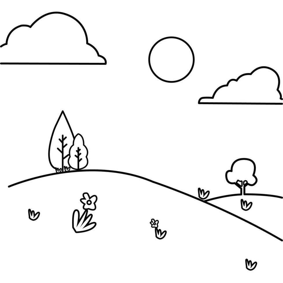 a coloring page with a landscape and trees vector