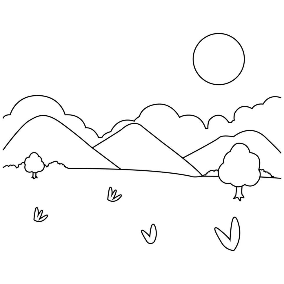 a coloring page with a mountain scene vector