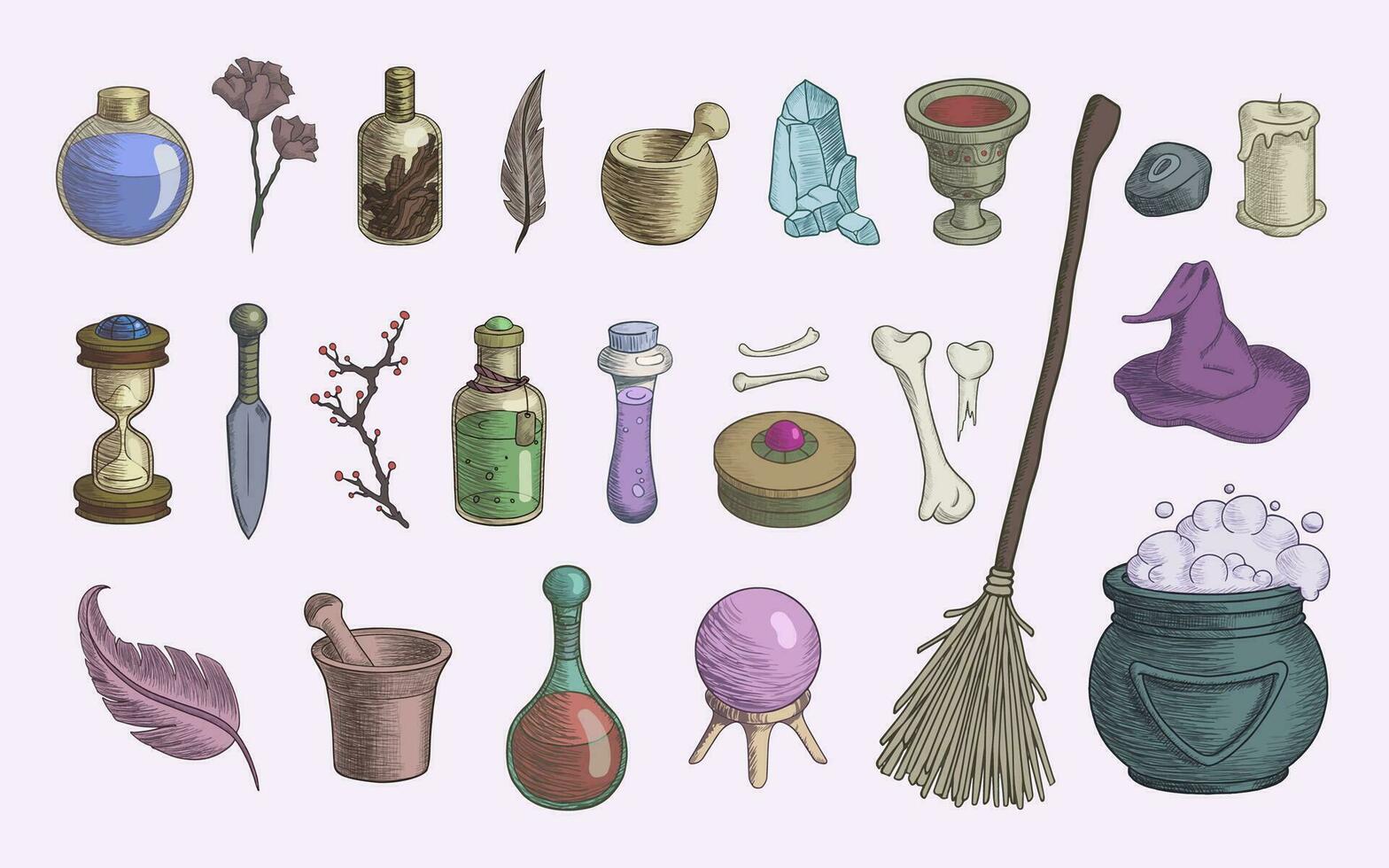 Set of Halloween witchery craft objects, alchemistry staff, witch's magician equipment vector