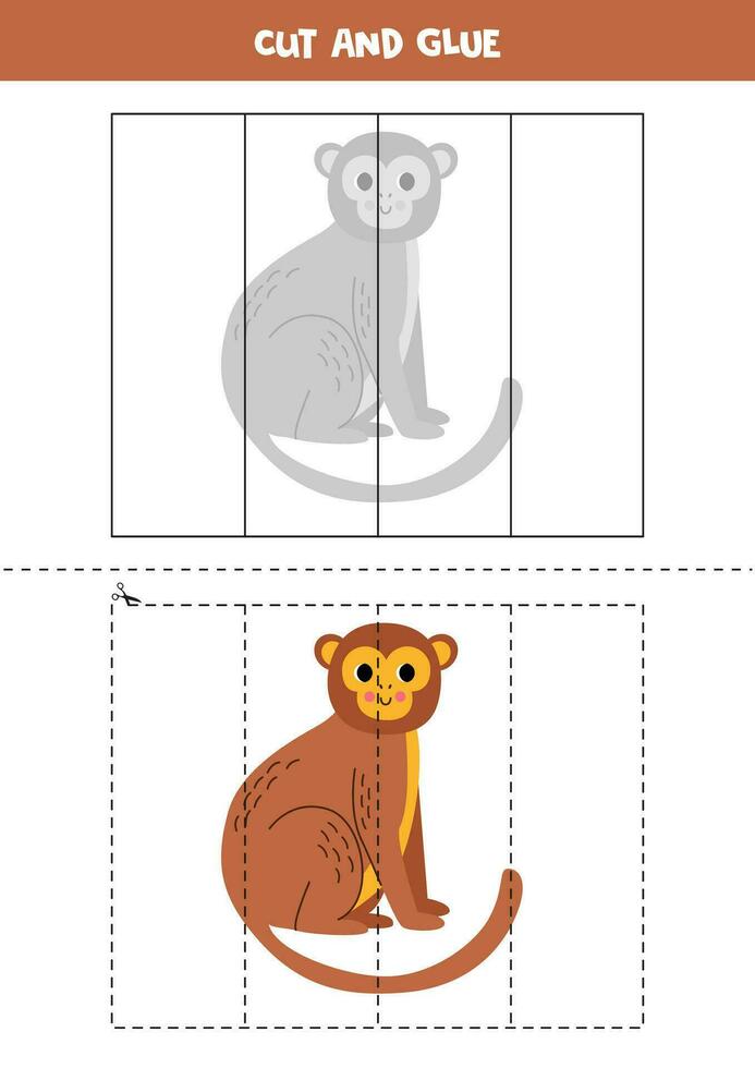 Cut and glue game for kids. Cute cartoon brown monkey. vector