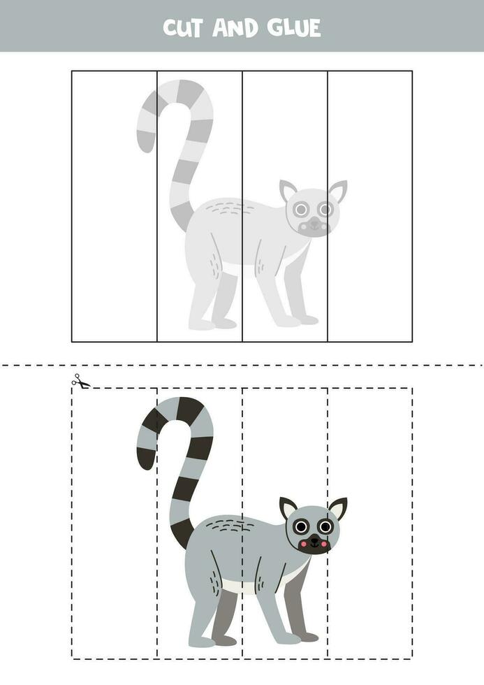 Cut and glue game for kids. Cute cartoon gray lemur. vector