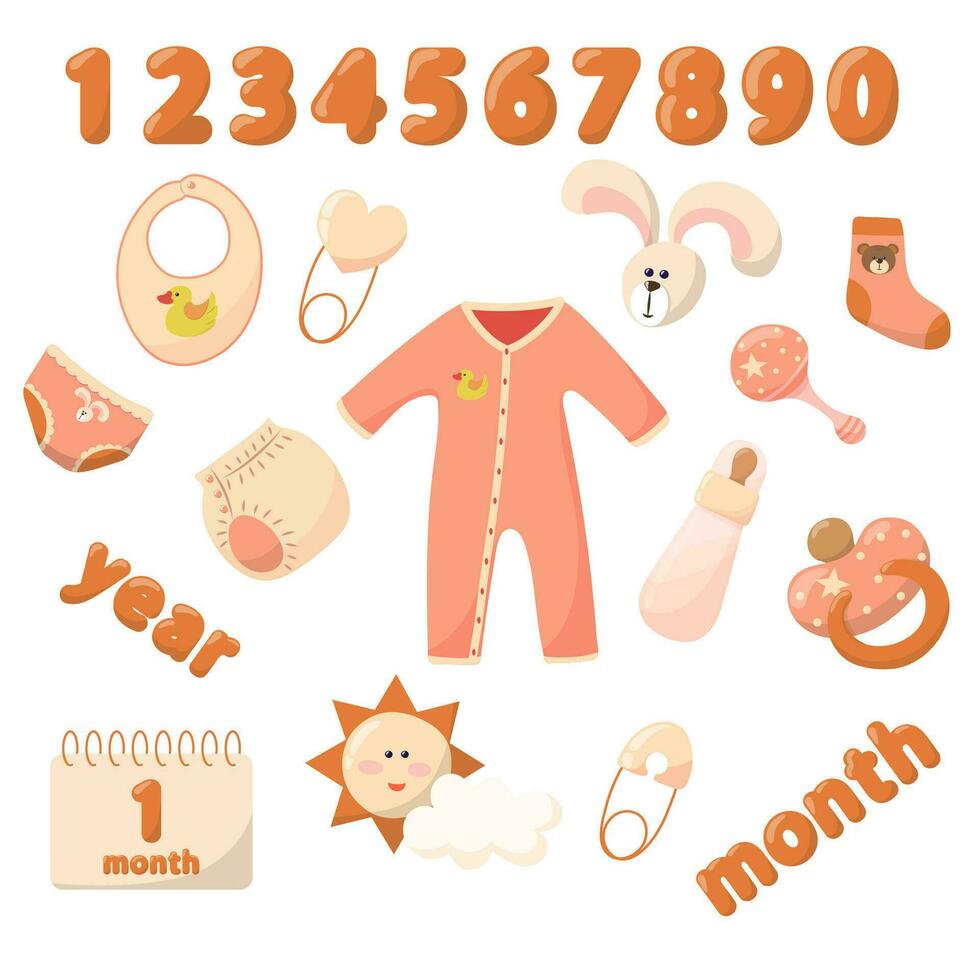 Baby sticker set. First year of life. Diapers, pacifier, rattles, calendar, clothes, panties, t-shirts, prints vector