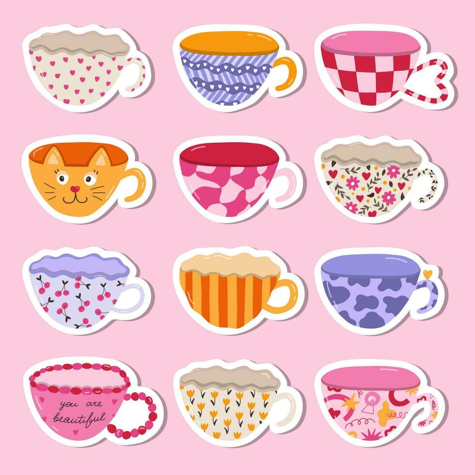 Big set of stickers with trendy ceramic mugs in the style of 90s. Hand drawn vector doodle illustrations. Different tea cup, coffee mug for scandinavian kitchen, cartoon cup porcelain tableware