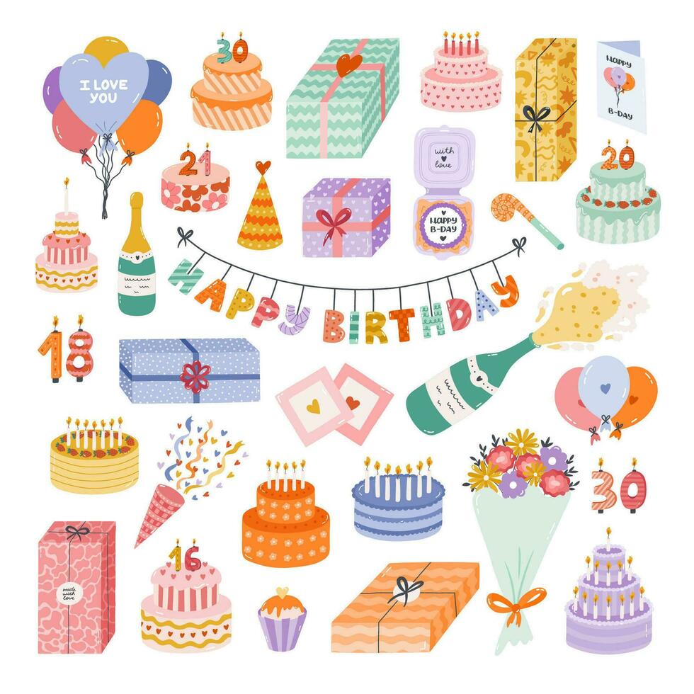 Cute hand drawn birthday set. Trendy holiday elements, party decoration, cupcakes, candles, gifts, balloons, party hat. Happy Birthday clipart collection for kid. Symbol of celebration, anniversary. vector