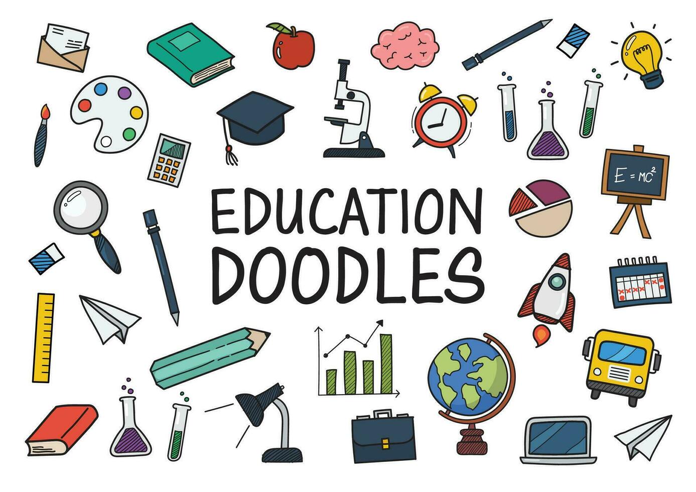 Education doodles color hand drawn icons vector