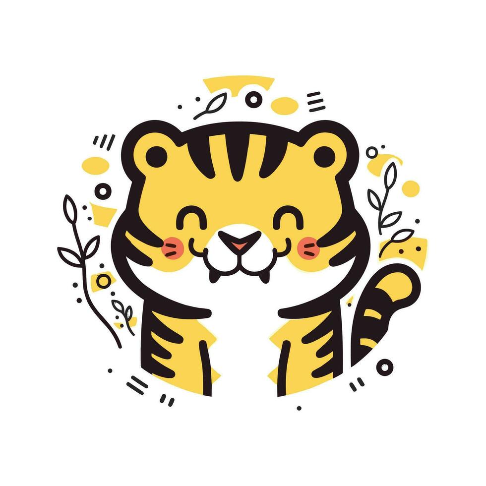 Tiger Logo Design, Tiger Character in Flat Style, Tiger Vector Illustration for Merchandise Clothing