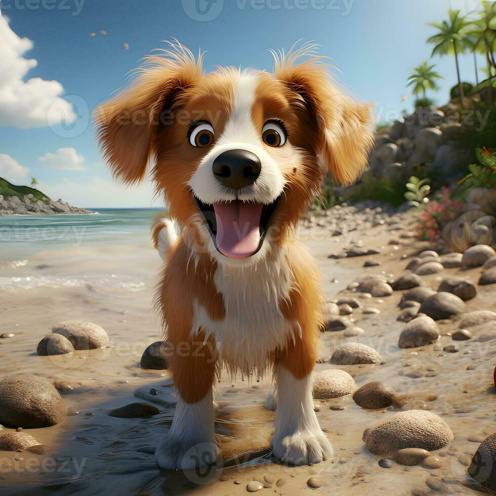 3D render of dog exploring the beach photo