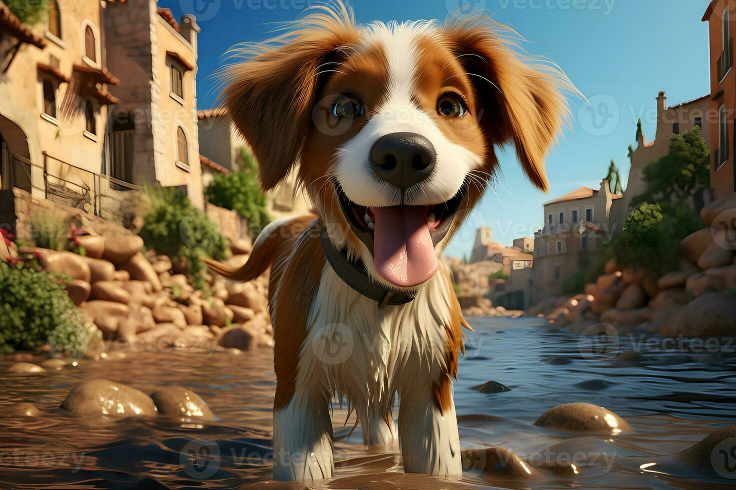 3D render of dog exploring the beach photo