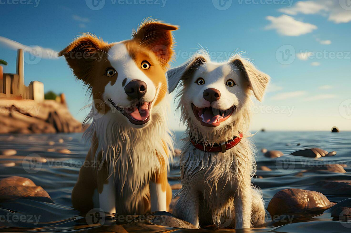 3D render of dog exploring the beach photo