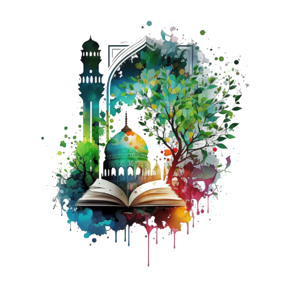 watercolor painting of ramadan lantern and book splash realistic free png, Ai Generative png
