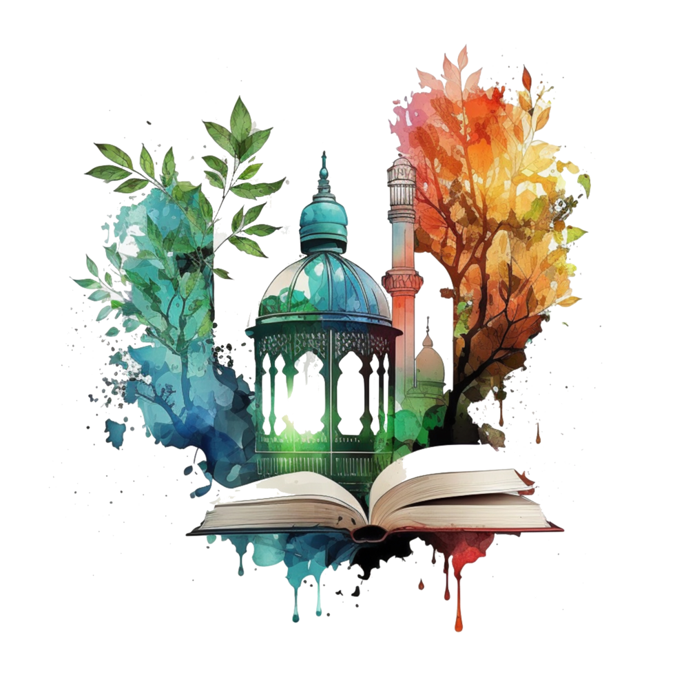 watercolor painting of ramadan lantern and book splash realistic free png, Ai Generative png