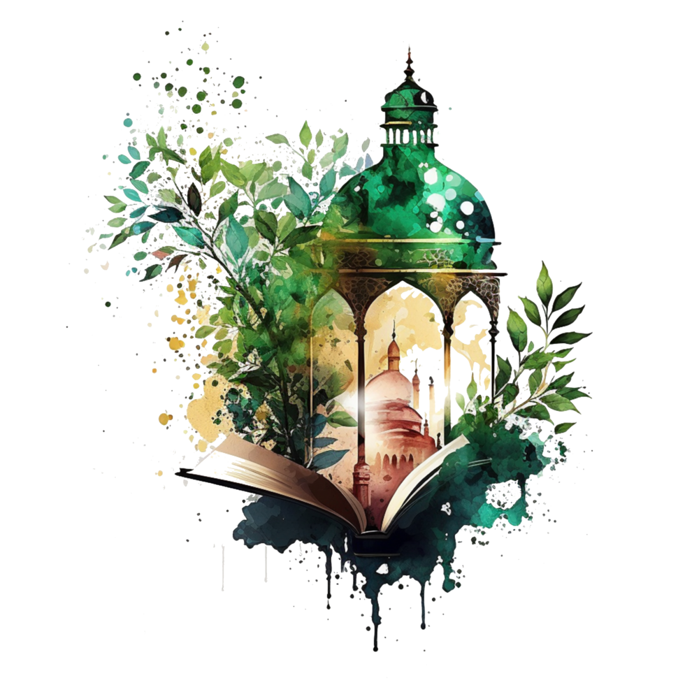watercolor painting of ramadan lantern and book splash realistic free png, Ai Generative png
