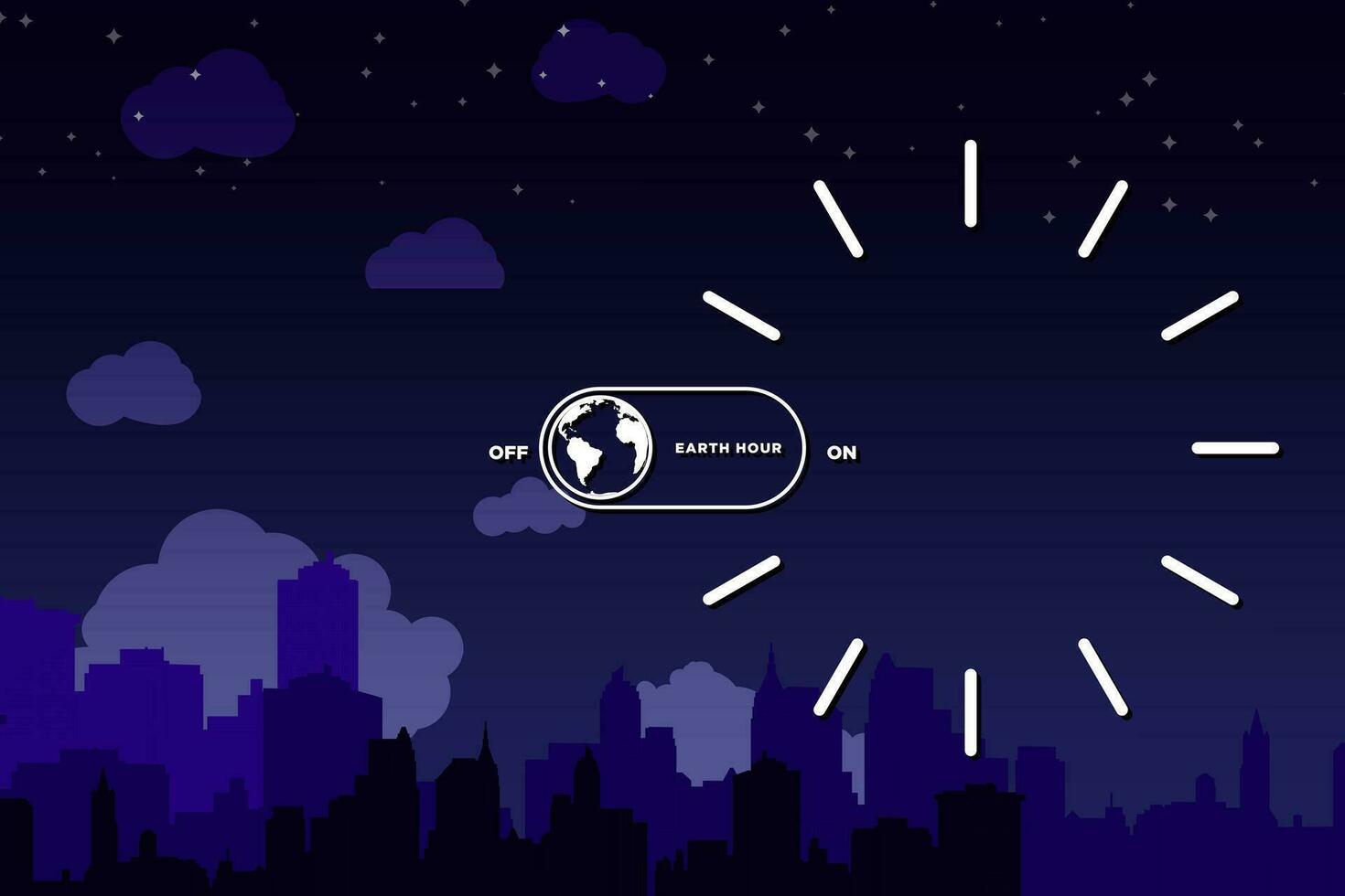 Earth Hour. On and Off switch with earth icon inside a clock at 8 30 time. Blue night sky with stars and cityscape silhouette. Vector Illustration. EPS 10.