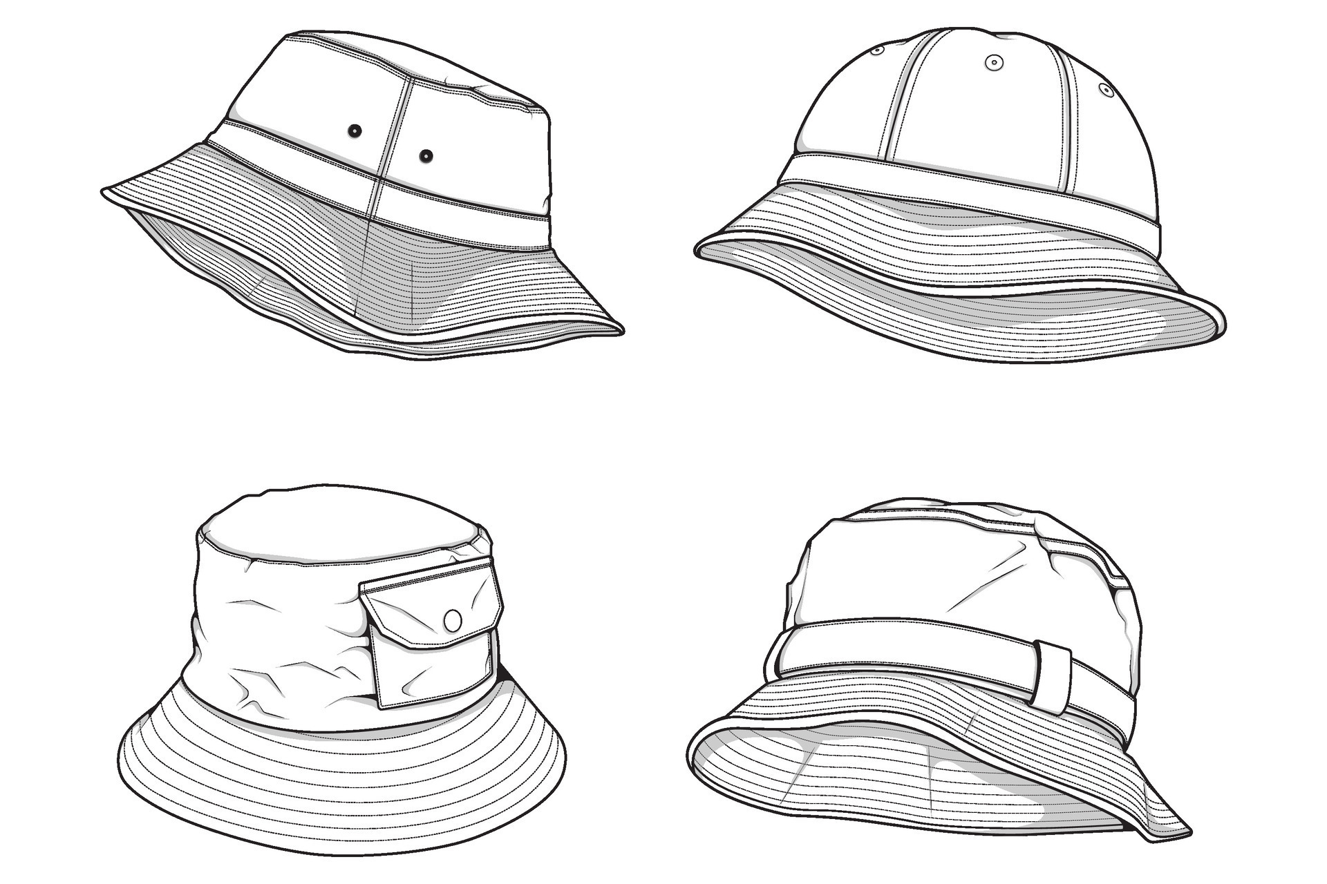 set of bucket hat outline drawing vector, bucket hat in a sketch style