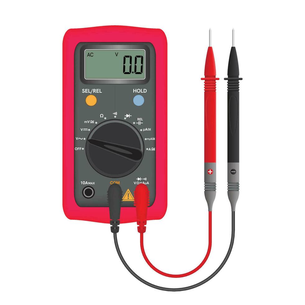 Multimeter electrical or electronics in red silicone shell, with probes. Electrician power tools. Isolated on white background, vector illustration.