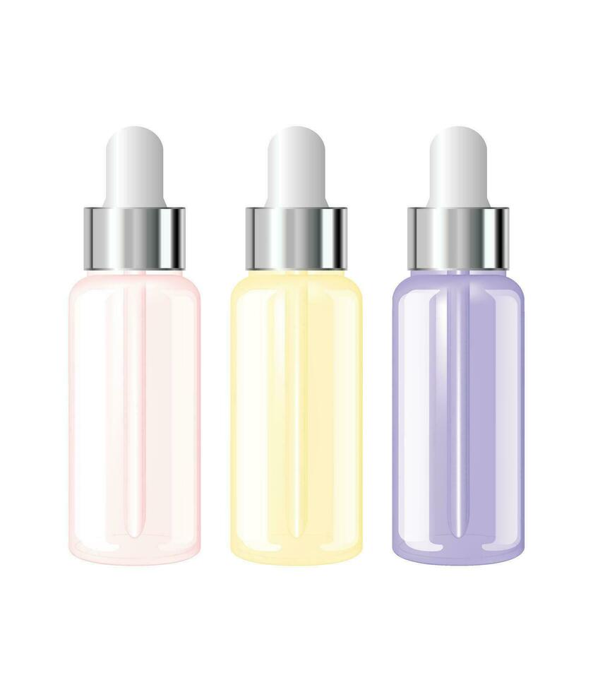 Vector 3D beauty cosmetic product mock up. Isolated realistic serum bottles for advertising branding. Cosmetic packaging design template.