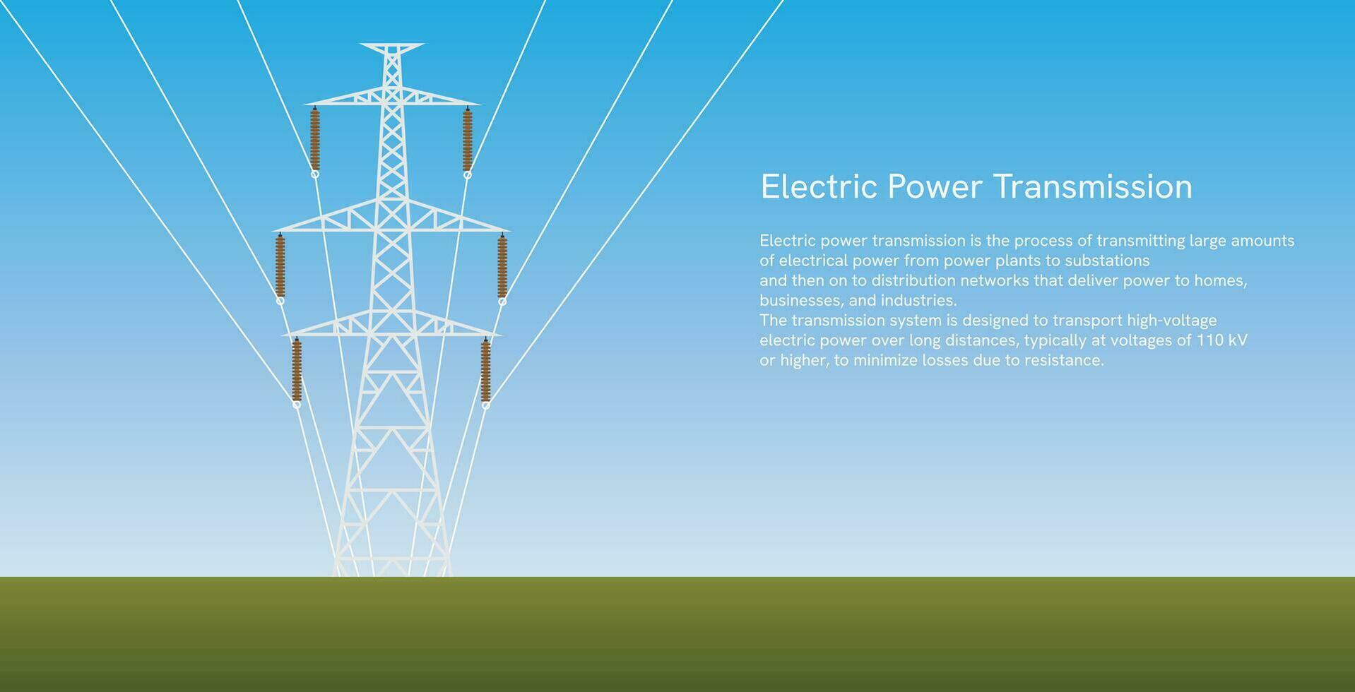 High-voltage pylons, electric towers in field with bright sky, flat vector background.