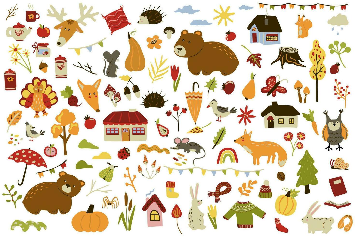 Fall set. Autumn kit with season different elements. Houses, leaves, warm closes, pumpkins, animals, nuts, rainbow. Clip art, stickers. Hand drawn style. vector