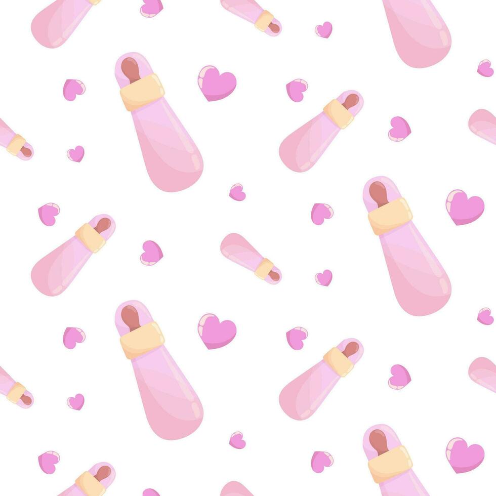 Seamless pattern with pink baby bottle for milk and hearts. background vector