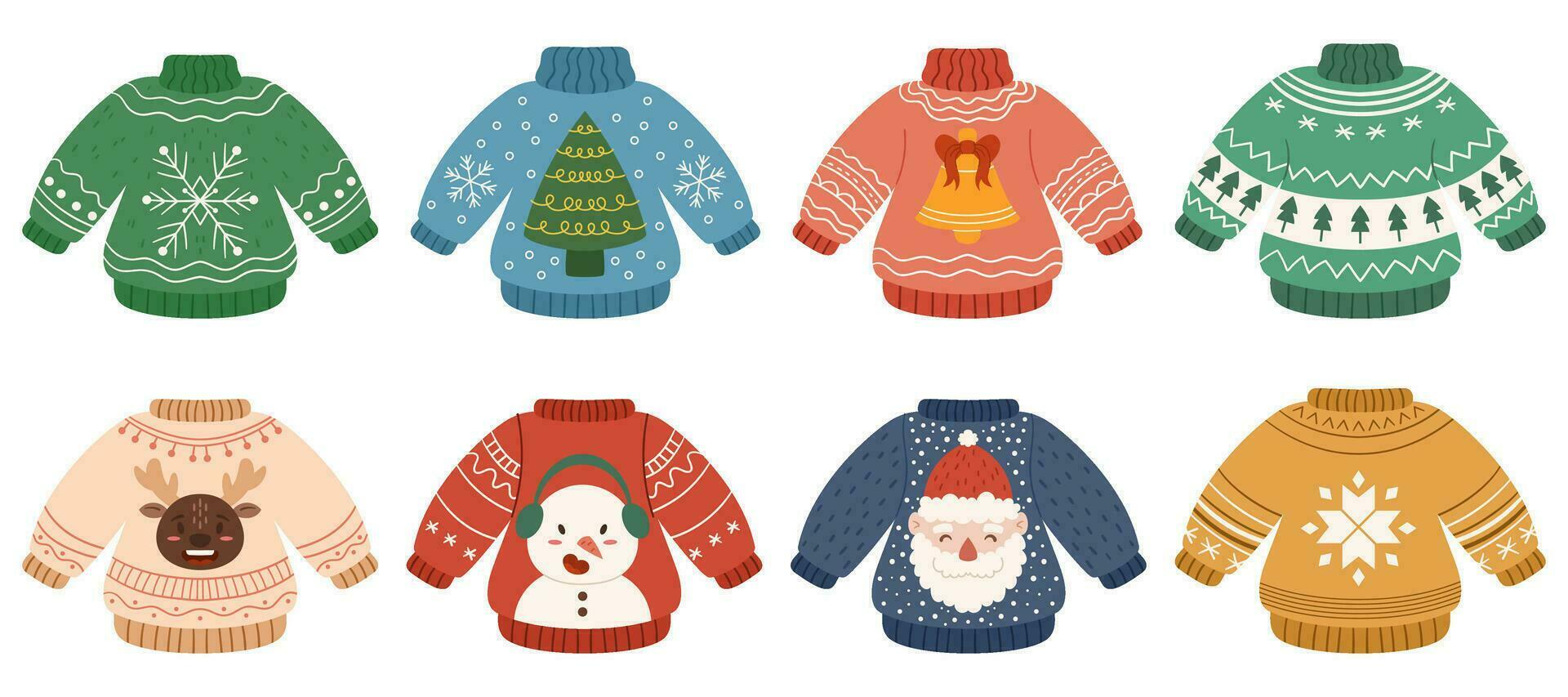 Ugly sweater party. Merry Christmas collection with funny sweaters. Big set with hand drawn falt holidays pullover - reindeer, snowman and Santa Claus, Christmas Tree, knitted pattern vector