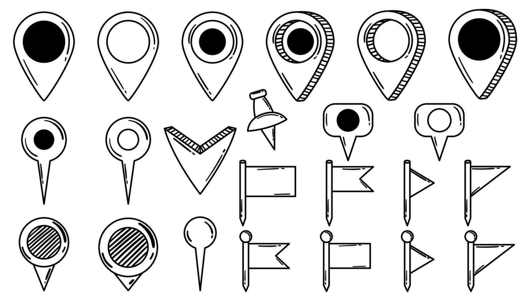 Hand drawn doodle pin location collection. Set of different navigation markers, pinpoints, tag and flags vector