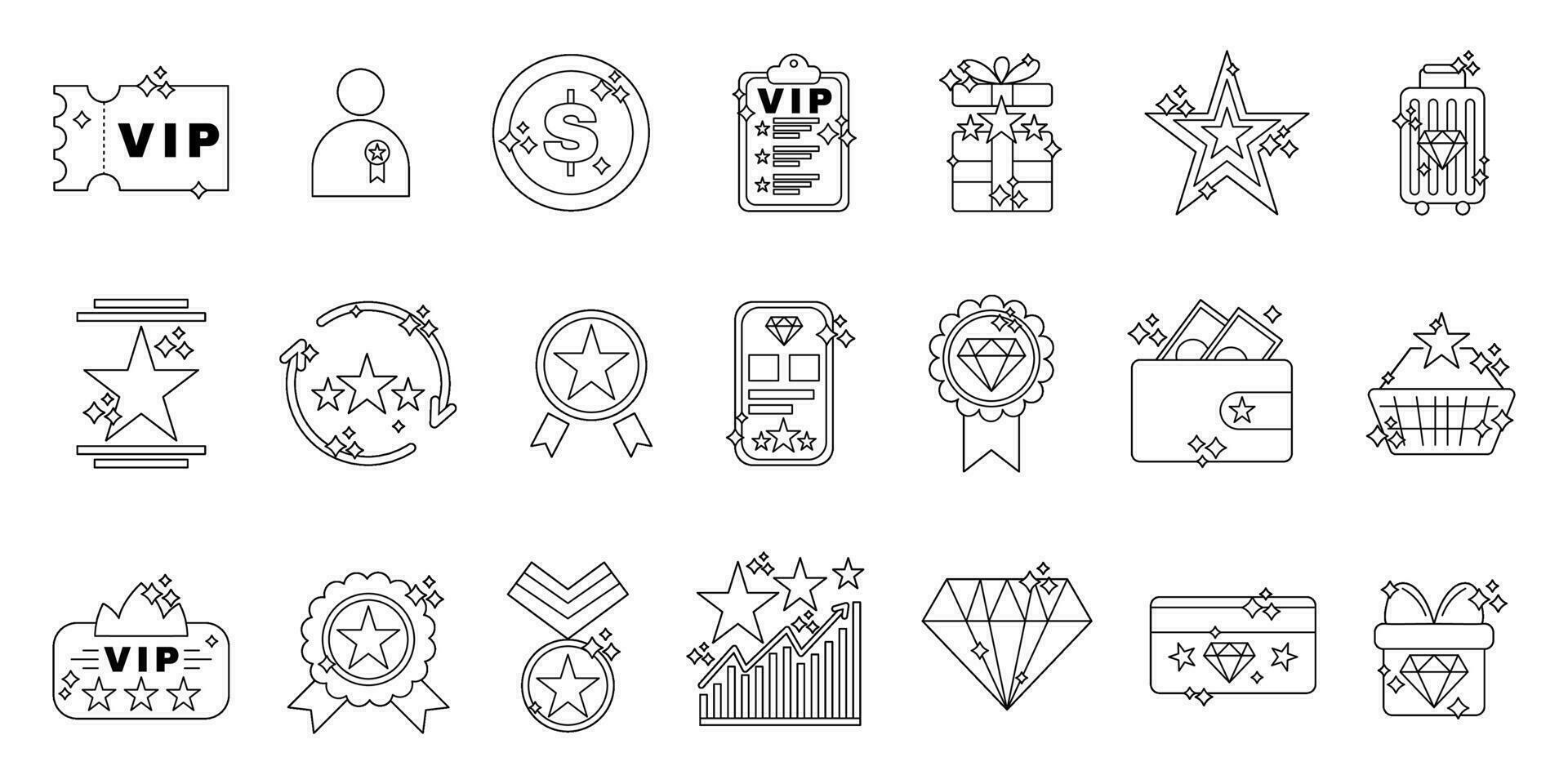 Exclusive benefits icon collection. VIP ticket, diamond and crown, premium quality, coin token icons set vector