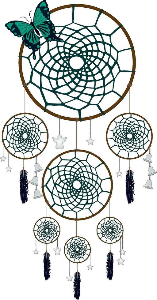 Big dreamcatcher decorated with feathers, bells, stars, angels and butterfly vector illustration