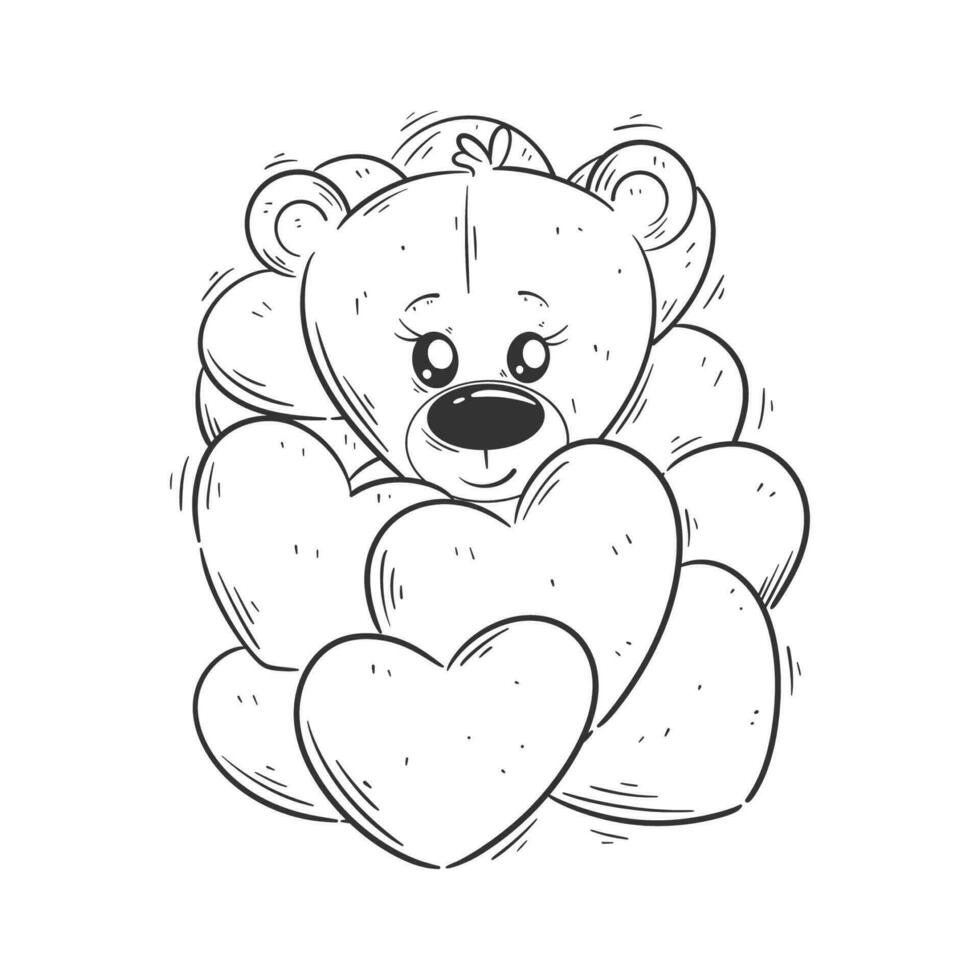 Cute bear is in a pile of hearts for coloring vector