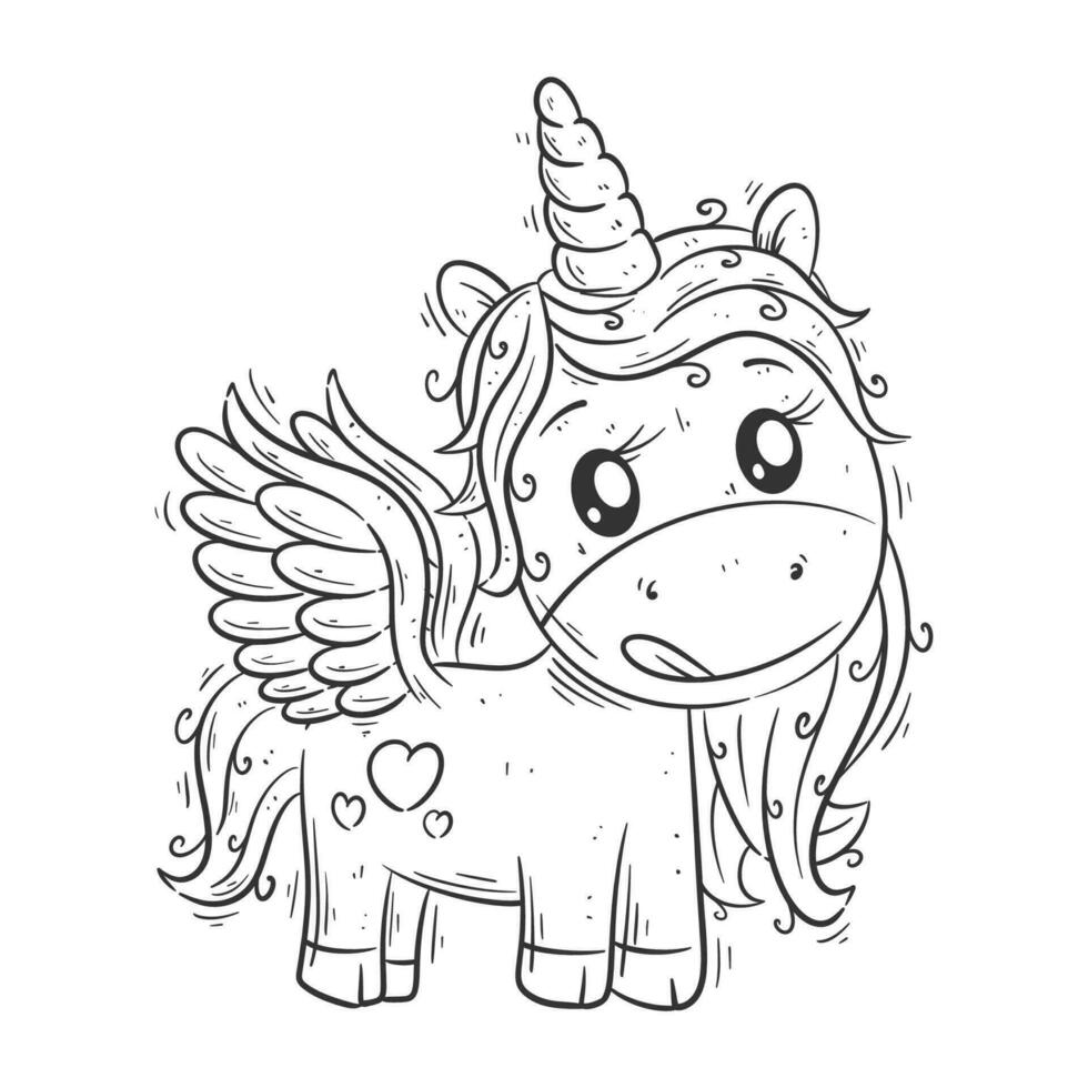 The cute unicorn stands alone and has a love tattoo on its chest for coloring vector