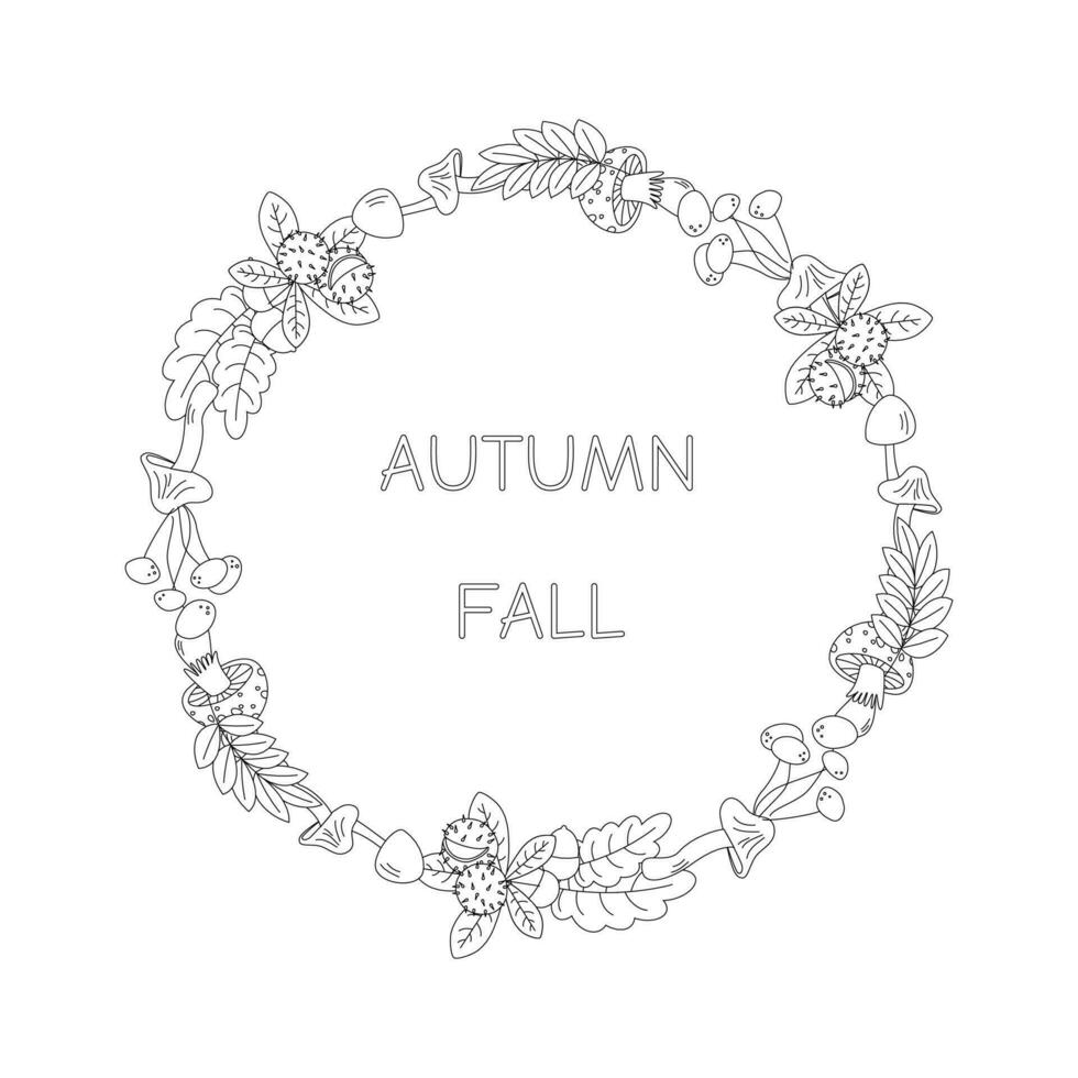 Mushroom, leaves. Hello autumn. Autumn season element, icon. Line art. vector