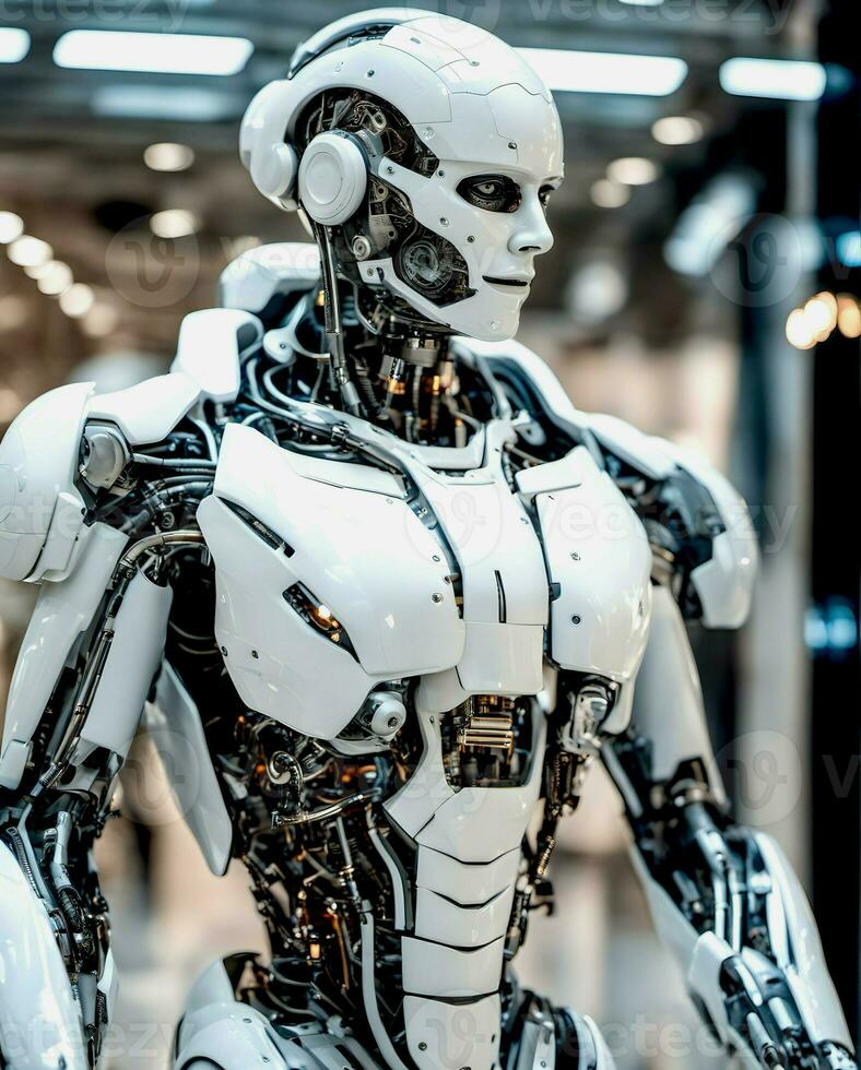 Ai generated illustration of futuristic ai humanoid robot cyborg with futuristic background photo