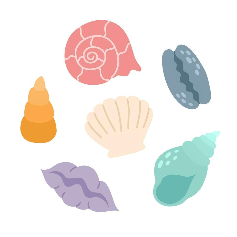 Seashells set in flat cartoon style. Decorative marine ocean elements. Vector illustration