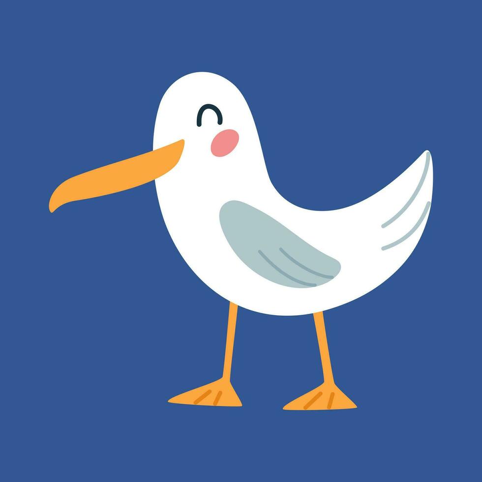 Cartoon happy seagull on isolated blue background. Character of the sea animals for the logo, mascot, design. Vector illustration