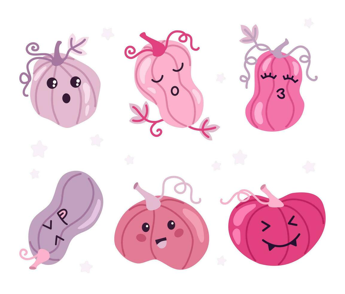 Set pink cartoon cute pumpkin with funny faces. Characters for Halloween party. vector