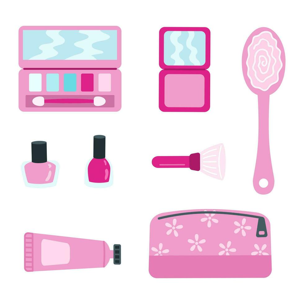 Set of trendy pink cosmetics elements in flat style. Eye shadow, blush, nail polish, cosmetic bag, hand cream, brush cartoon icons. vector