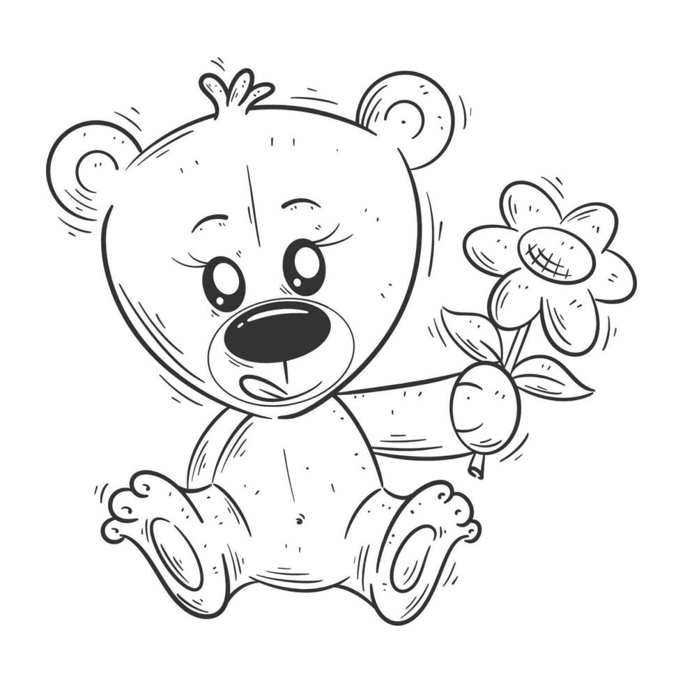 linda oso sentado que lleva flores para colorante vector
