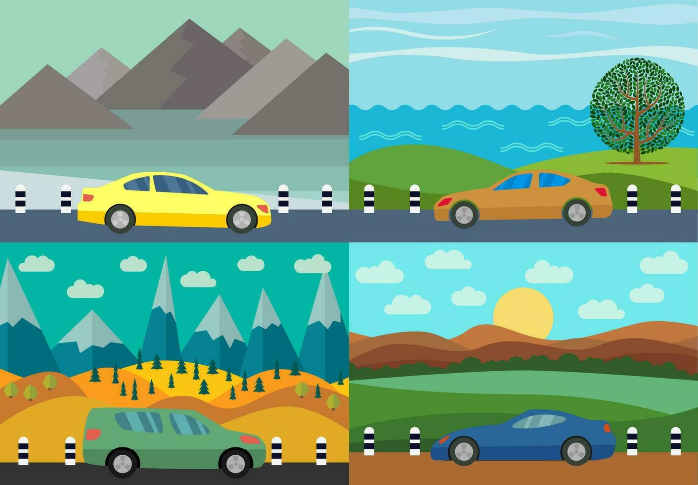 Set of four vector illustration of car on the road against the backdrop of natural landscape.