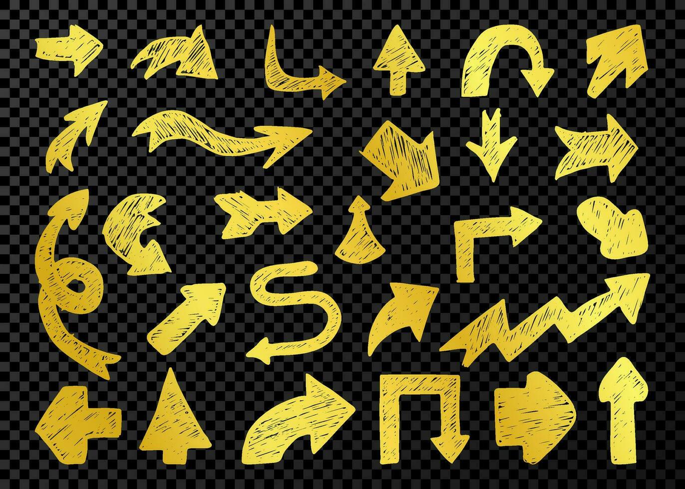Big set of gold hand drawn arrows. Sketch of doodle arrows isolated on dark vector