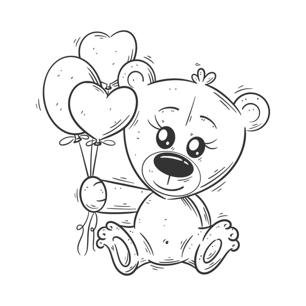 Cute bear sitting with balloons for coloring vector