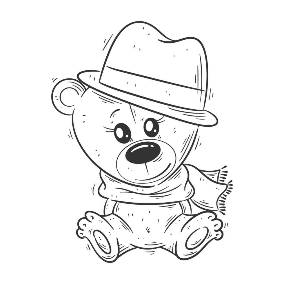 Cute bear sitting wearing hat and neck warmer for coloring vector