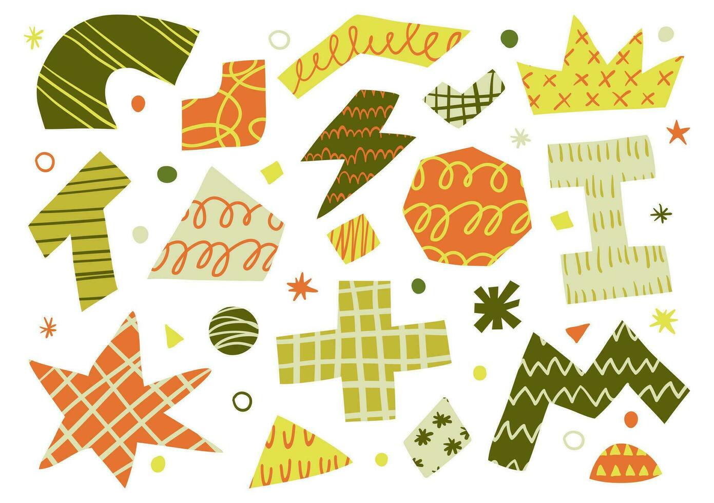 Set of isolated hand drawn various colorful geometric shapes and doodle objects with textures. Abstract contemporary modern trendy vector illustration.