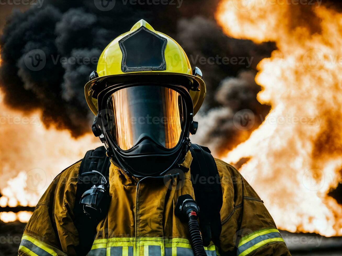 photo of firefighter with big fire cloud and smoke in background, generative AI