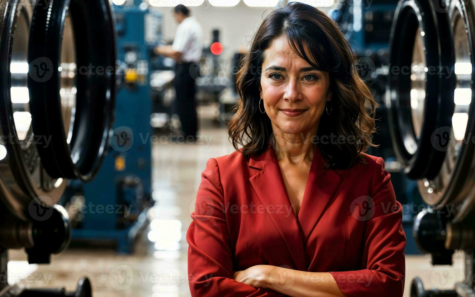 photo of working entrepreneur woman at factory with machine and worker, generative AI
