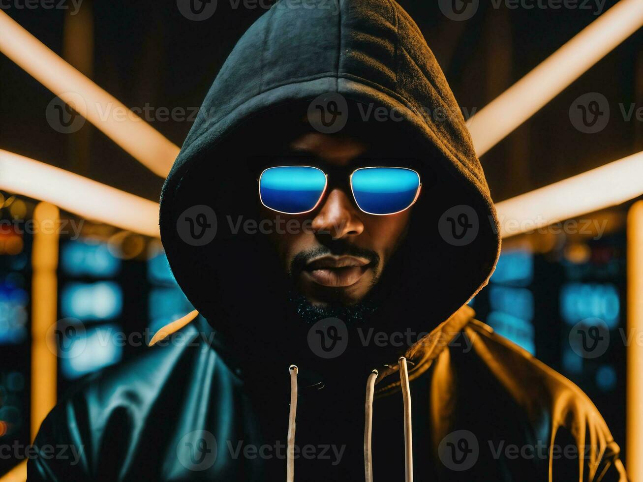 photo of black man in black hoodie in server data center room with neon light, generative AI