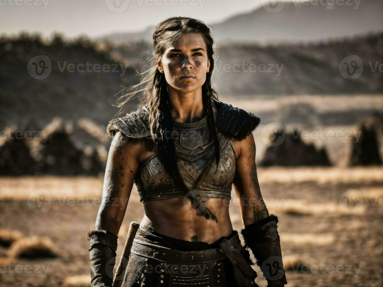 photo of ancient barbarian female warrior stained , generative AI